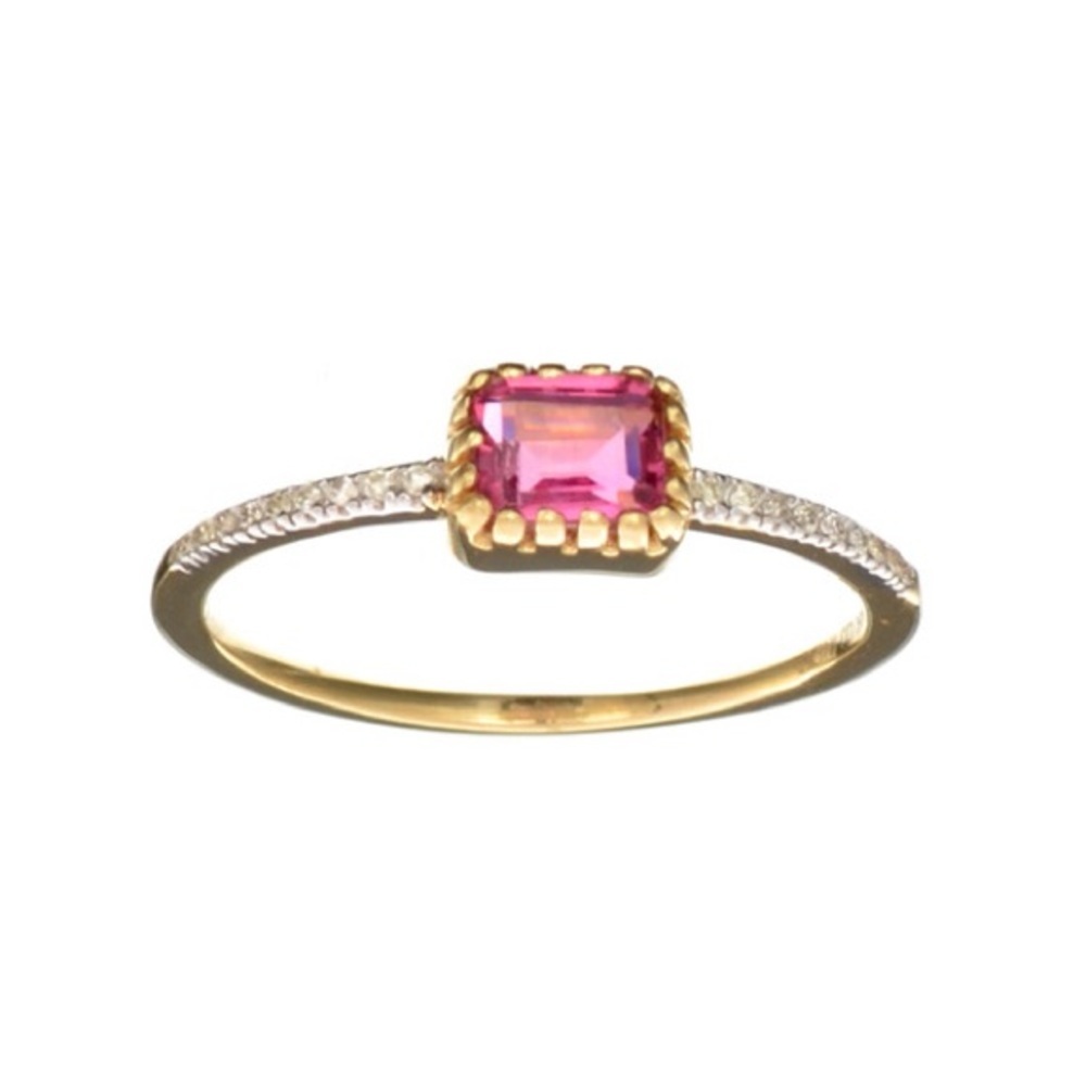 Modern Minimalist Pink Tourmaline Diamond Stack Ring Cushion 14k Gold 7.5 7 1/2